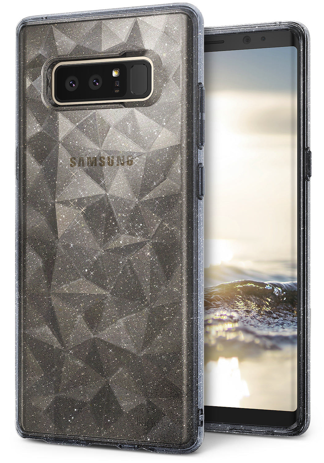 Galaxy Note 8 Case | Air Prism Glitter - Gray glitter phone case with geometric prism texture on a Galaxy Note 8.