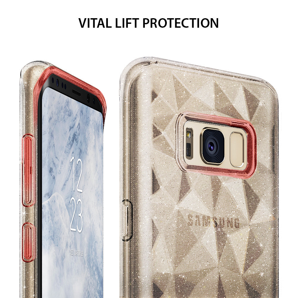 Galaxy S8 Case | Air Prism - Clear glitter phone case with geometric pattern and rose gold accents showing screen and camera lift.