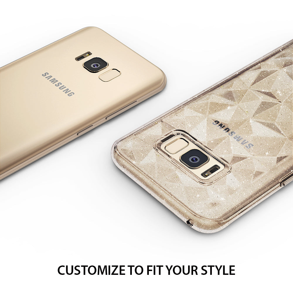 Galaxy S8 Case | Air Prism - A gold Samsung Galaxy S8 next to one wearing a clear, glittery geometric-patterned protective case.