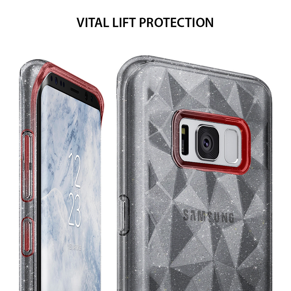 Galaxy S8 Case | Air Prism - Glittery smoke black geometric phone case with raised red edges for screen and camera protection.