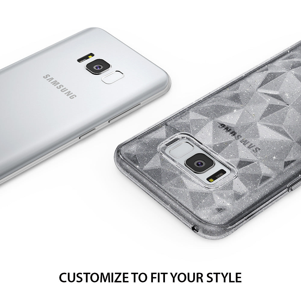 Galaxy S8 Case | Air Prism - A silver Galaxy S8 phone next to a glittery, geometric-patterned smoke black protective case.