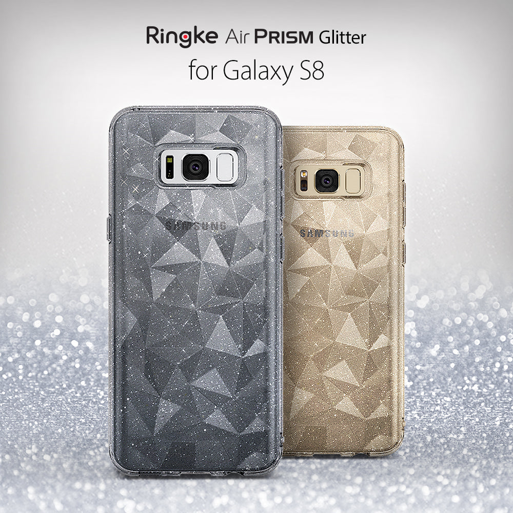 Galaxy S8 Case | Air Prism - Two glittery, geometric-patterned phone cases in smoke black and gold on a sparkling background.
