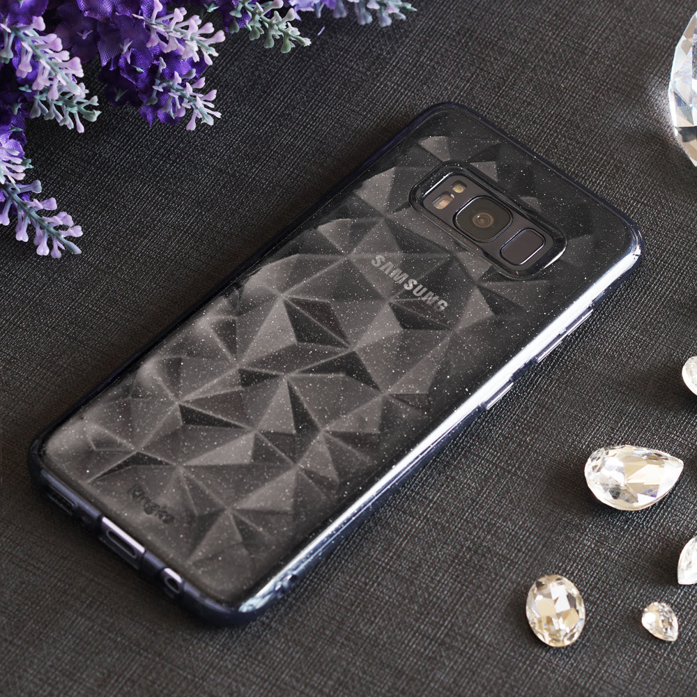 Galaxy S8 Case | Air Prism - Smoke black glitter phone case with geometric prism pattern on a dark textured surface.