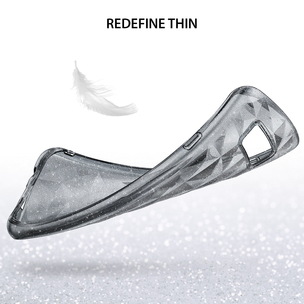 Galaxy S8 Case | Air Prism - Flexible, smoke-black glitter phone case with geometric prism pattern and a floating feather.