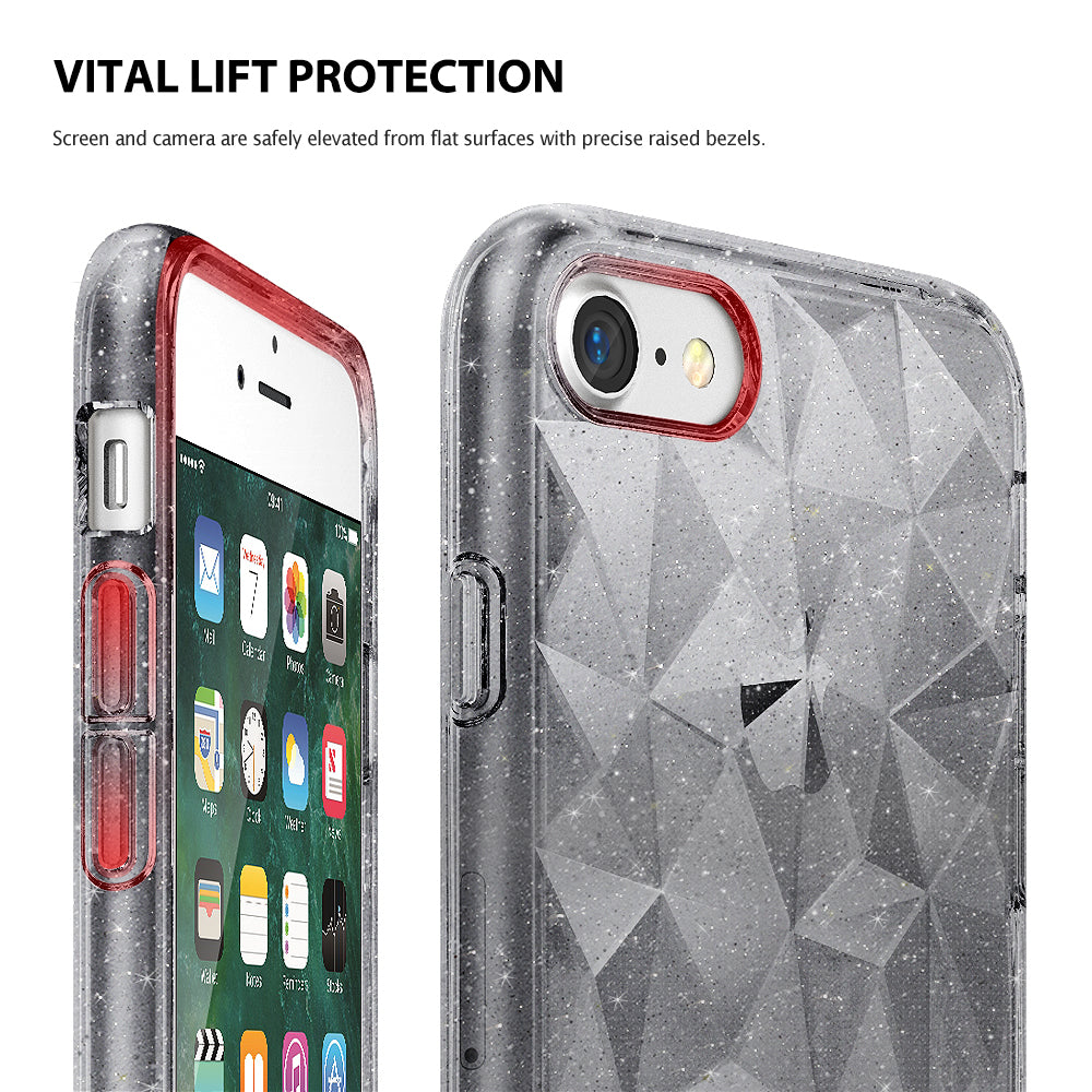 iPhone 8 / 7 Case | Air Prism - Glittery, geometric-patterned phone case with raised red bezels protecting the camera and screen.