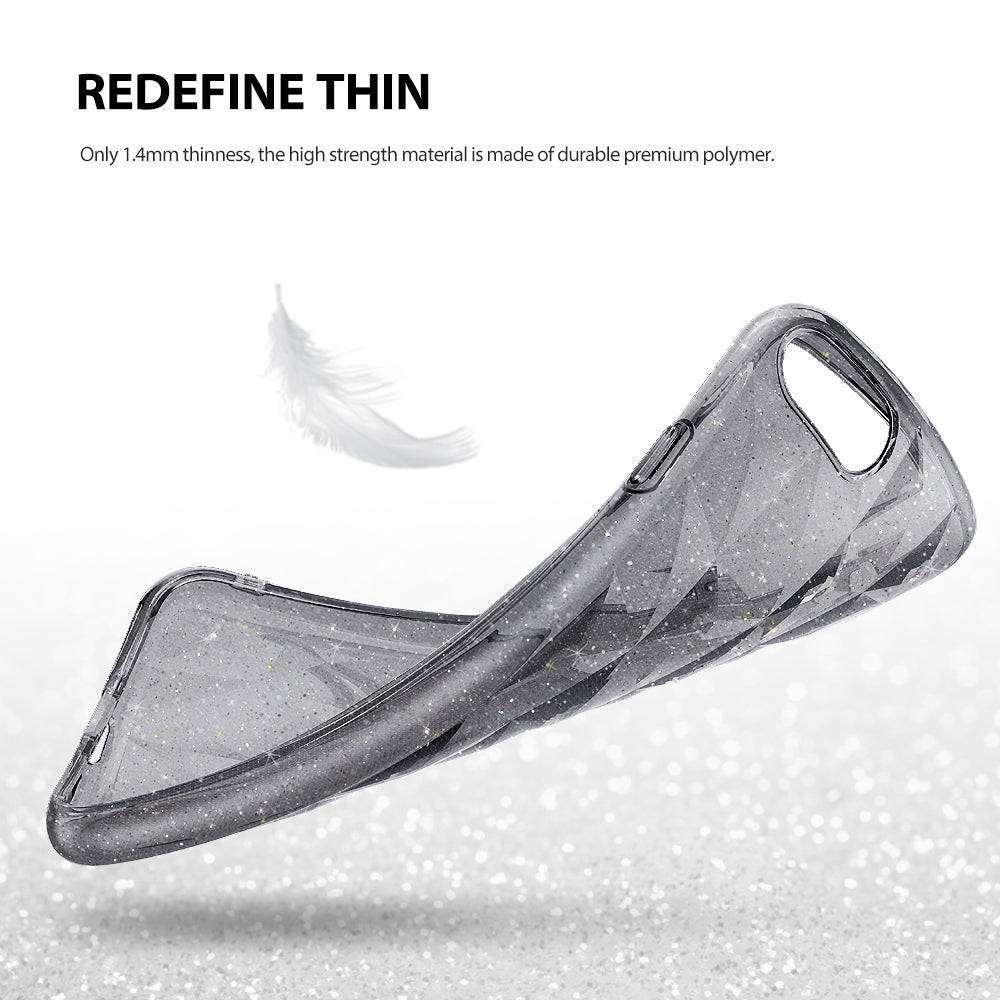 iPhone 8 / 7 Case | Air Prism - Flexible, glittery, geometric-patterned clear phone case bending against a white background.
