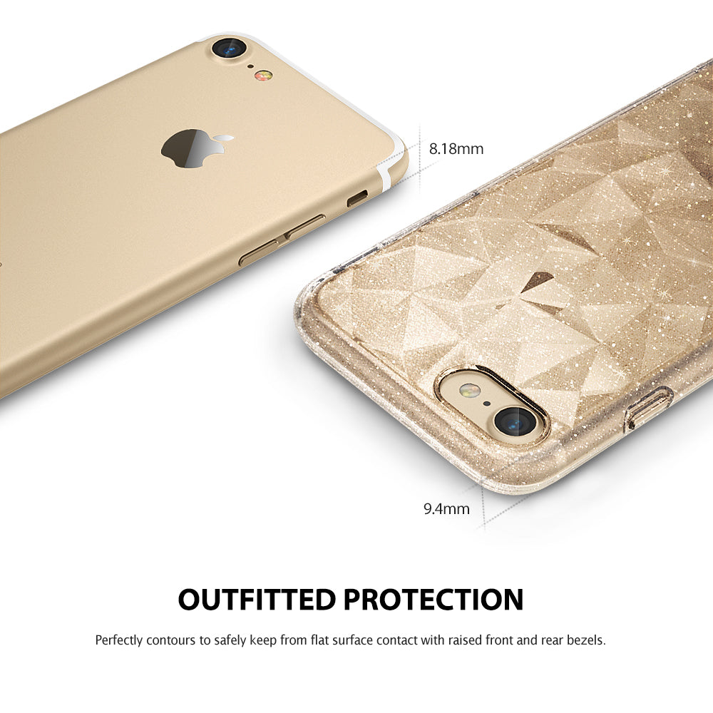 iPhone 8 / 7 Case | Air Prism - Gold iPhone with a geometric, glittery protective case showing thickness measurements.