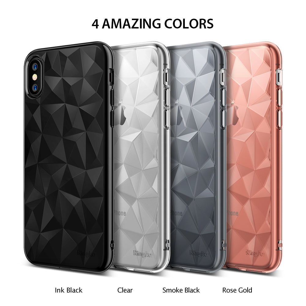 iPhone X Case | Air Prism - Four iPhone X cases in Ink Black, Clear, Smoke Black, and Rose Gold with geometric prism textures.