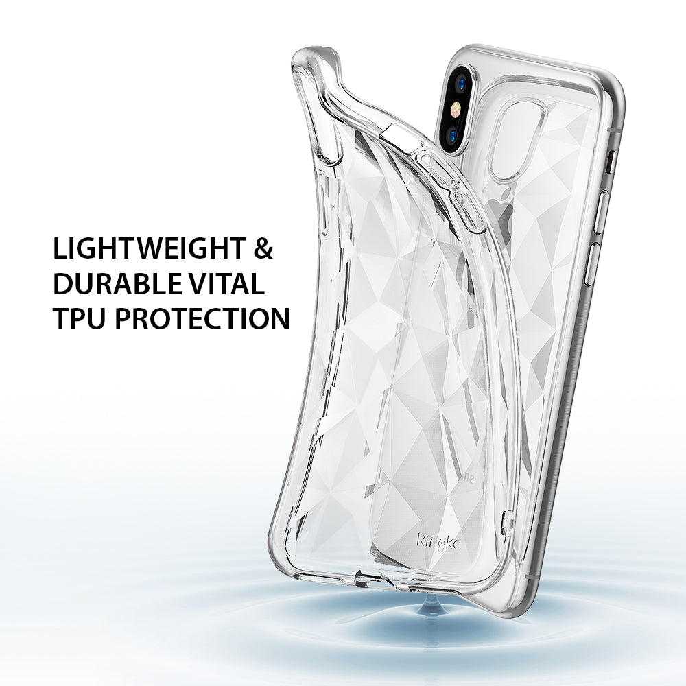 iPhone X Case | Air Prism - Clear, geometric-patterned TPU case partially peeled away from an iPhone X on a water ripple background.