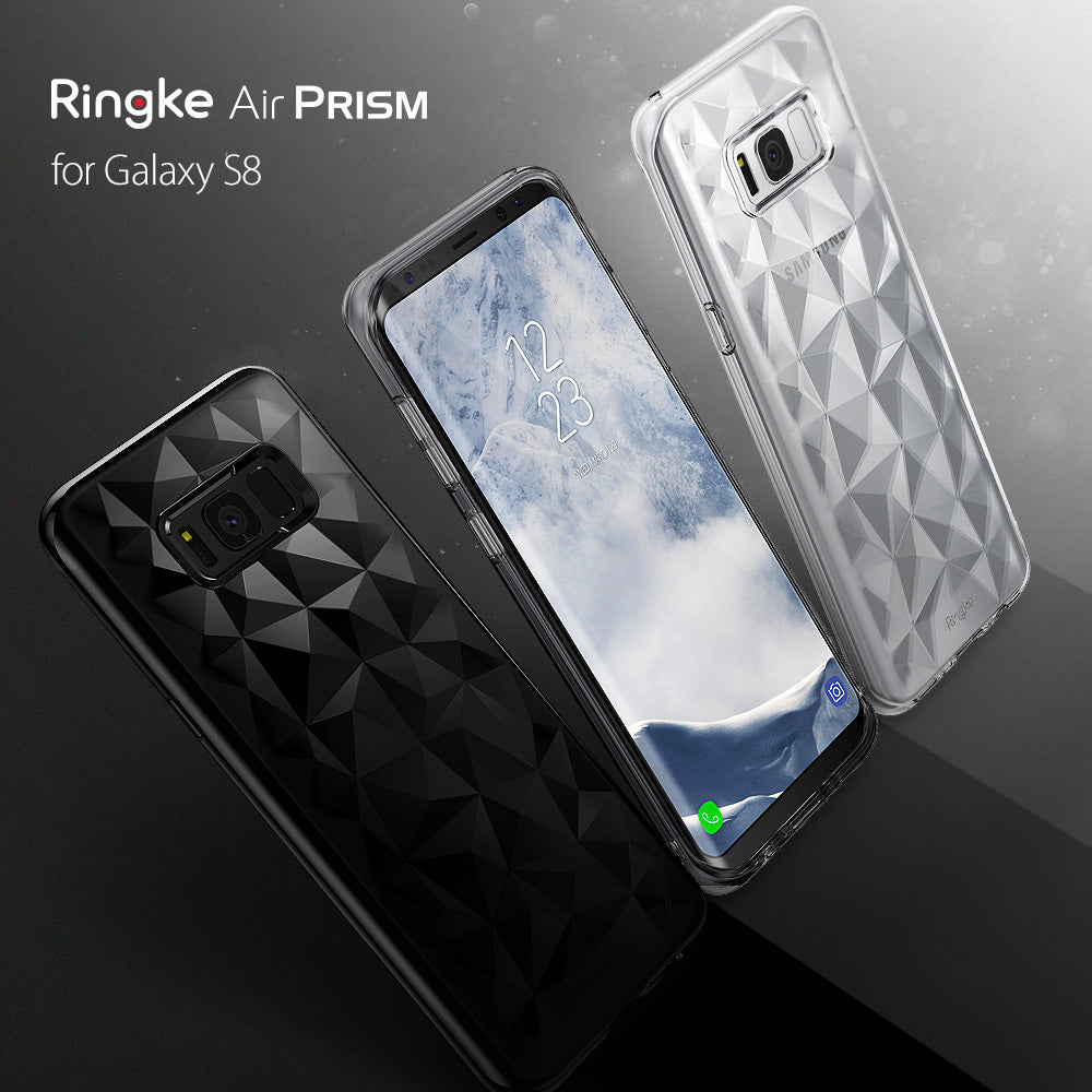 Galaxy S8 Case | Air Prism - Three Galaxy S8 phones in black and clear geometric prism-patterned cases on a dark background.