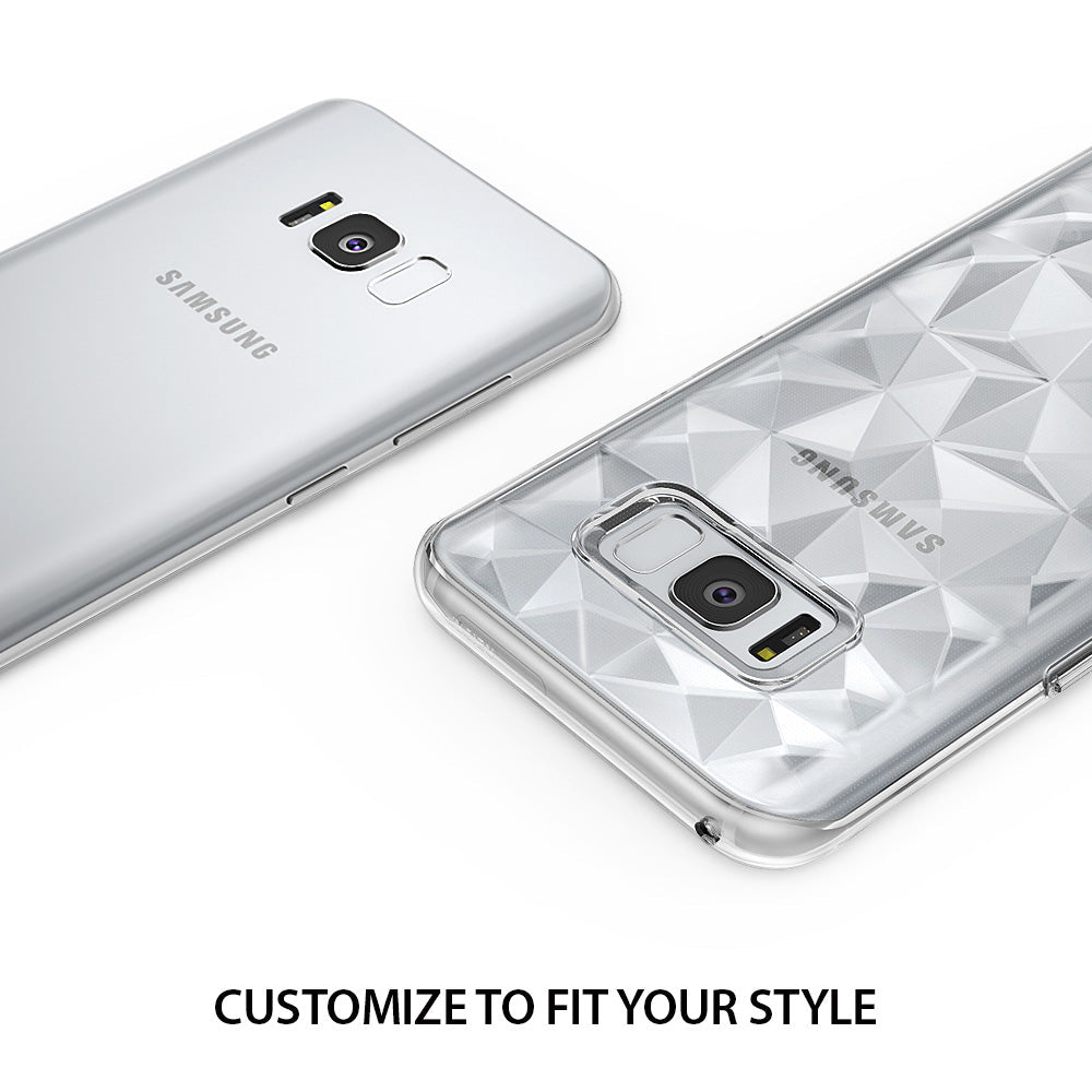 Galaxy S8 Case | Air Prism - A silver Galaxy S8 next to a clear, geometric prism-patterned protective phone case.