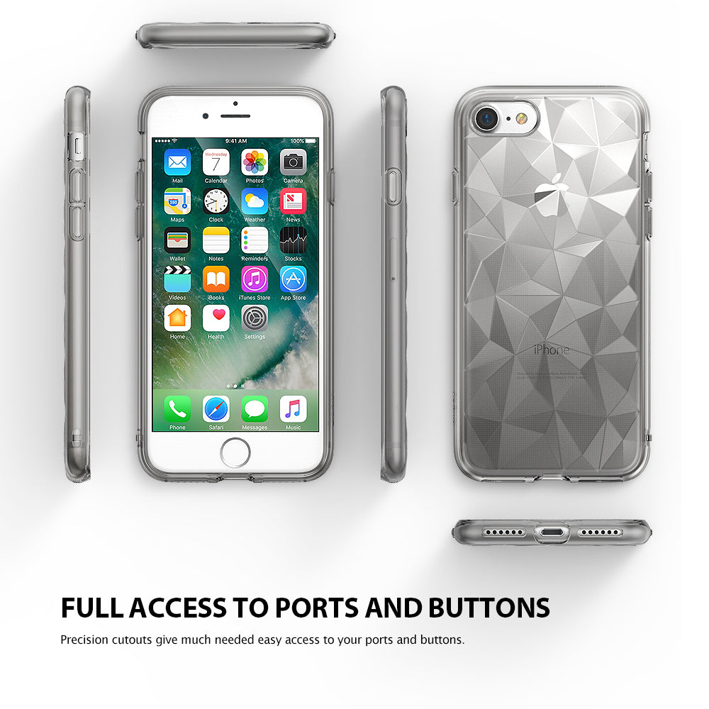 iPhone 8 / 7 Case | Air Prism - Multiple views of a clear, geometric-patterned phone case on an iPhone showing port cutouts.