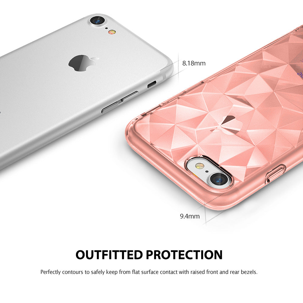 iPhone 8 / 7 Case | Air Prism - Rose gold geometric patterned phone case shown next to a silver iPhone with thickness labels.