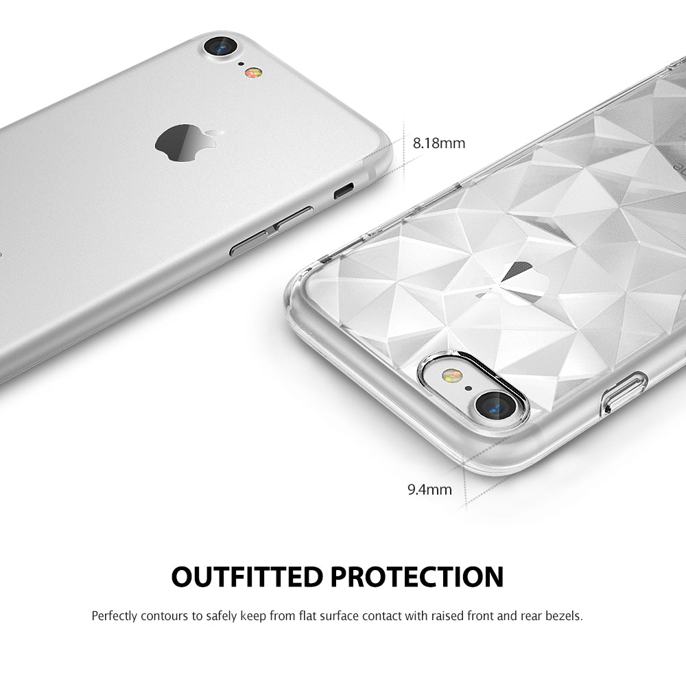 iPhone 8 / 7 Case | Air Prism - Silver iPhone 7 next to a clear, geometric-patterned protective case with 8.18mm and 9.4mm thickness labels.