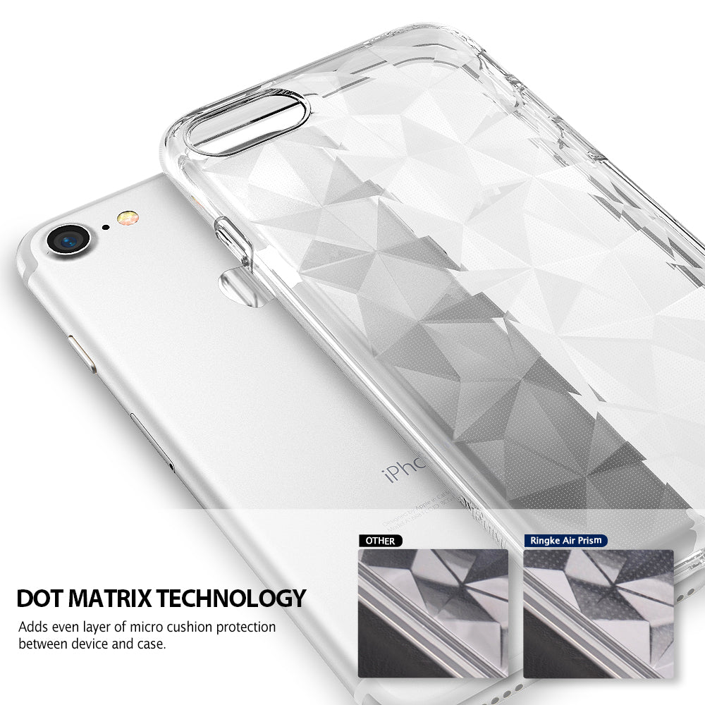 iPhone 8 / 7 Case | Air Prism - Clear geometric prism pattern phone case overlaying a silver iPhone with dot matrix detail.