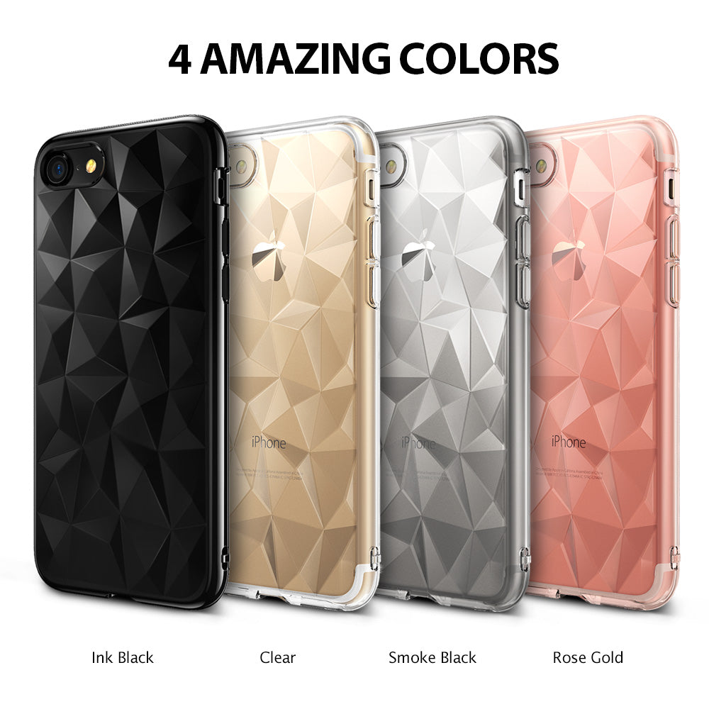 iPhone 8 / 7 Case | Air Prism - Four iPhone cases in Ink Black, Clear, Smoke Black, and Rose Gold with geometric prism patterns.