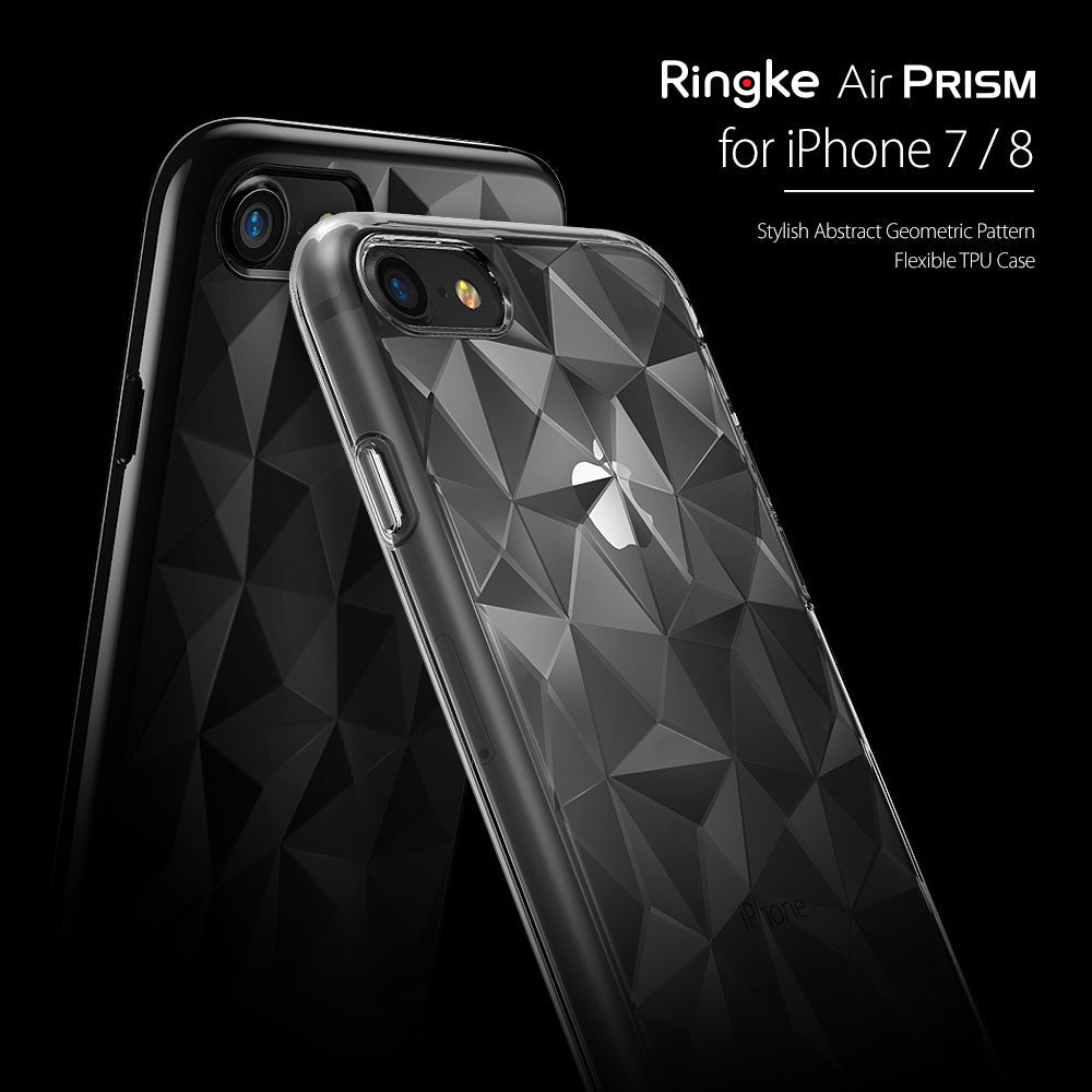 iPhone 8 / 7 Case | Air Prism - Two black iPhones featuring a clear, flexible TPU case with a geometric, faceted prism pattern.