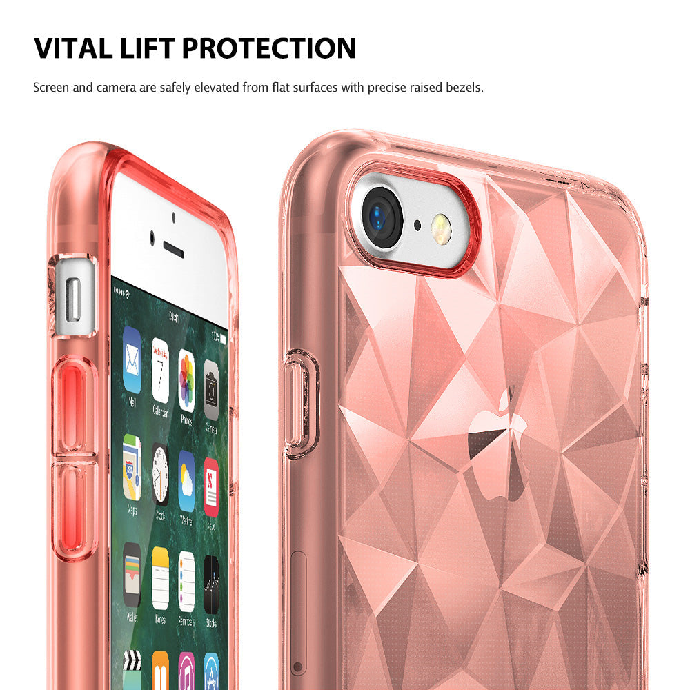 iPhone 8 / 7 Case | Air Prism - Rose gold geometric phone case showing raised bezels protecting the screen and camera lens.