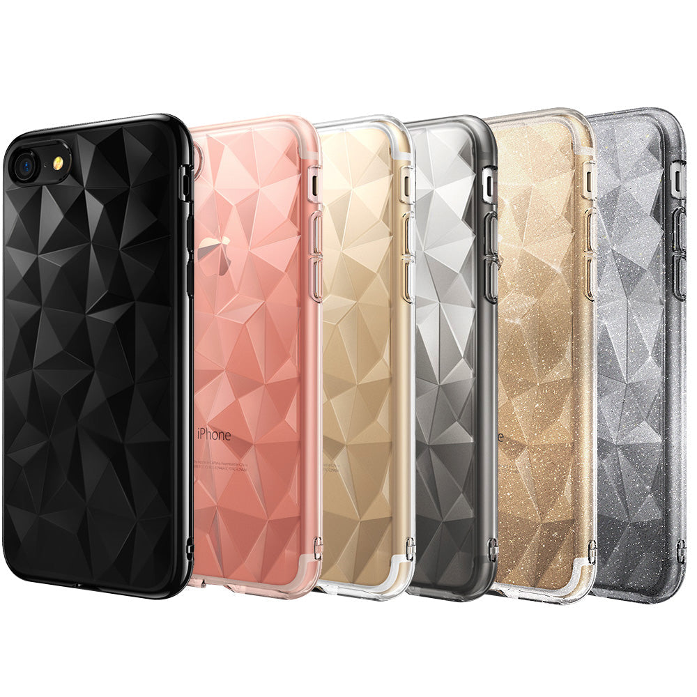 iPhone 8 / 7 Case | Air Prism - Six iPhone cases with a geometric, faceted prism pattern in black, rose gold, gold, and silver.