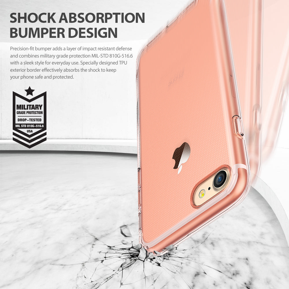 iPhone 8 / 7 Case | Air - Clear phone case on a cracked surface with text highlighting military-grade shock absorption.