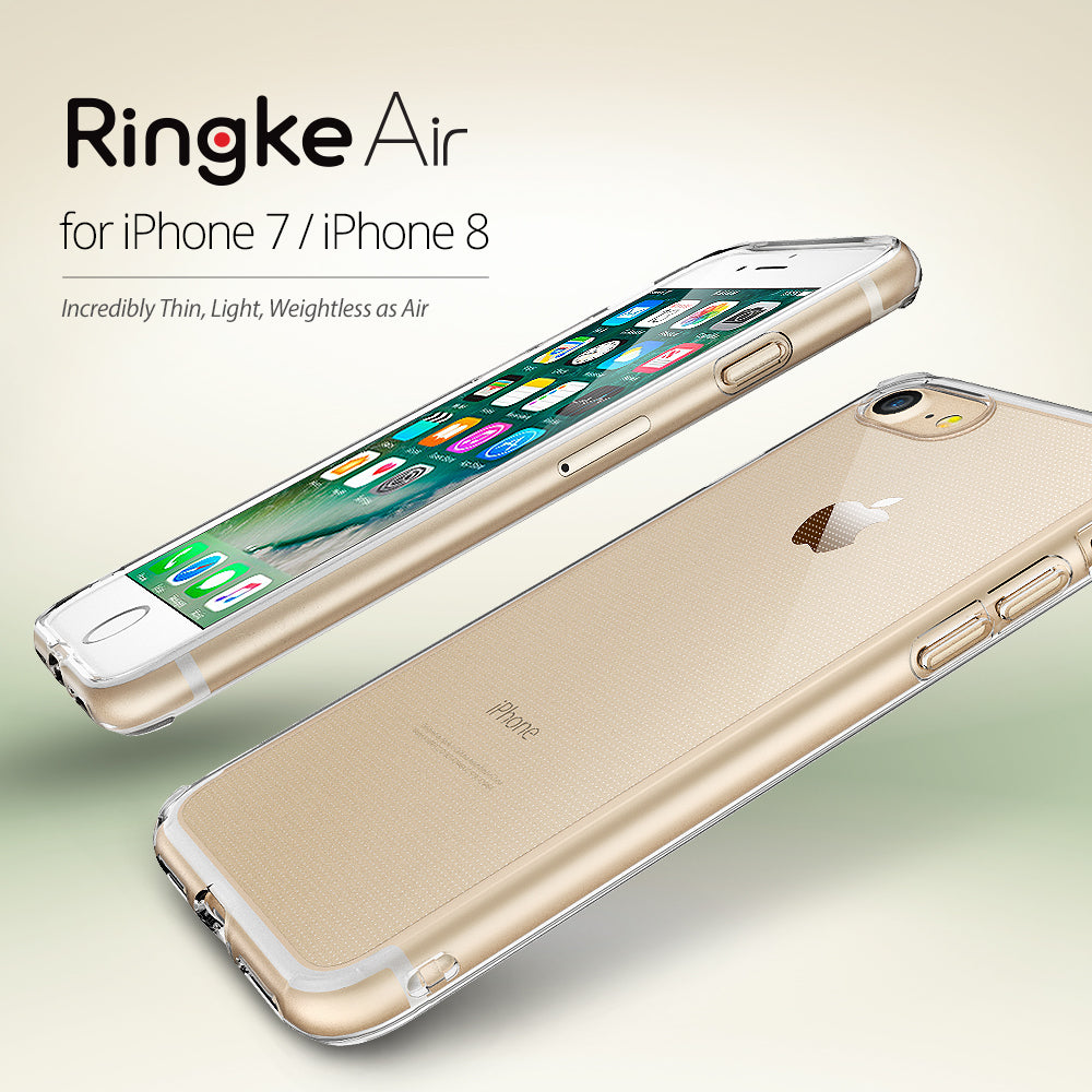 iPhone 8 / 7 Case | Air - Two gold iPhones in clear, thin protective cases shown from front and back angles.