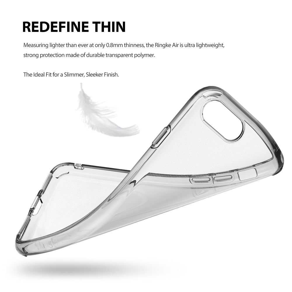 iPhone 8 / 7 Case | Air - A flexible, transparent phone case floating next to a white feather against a white background.