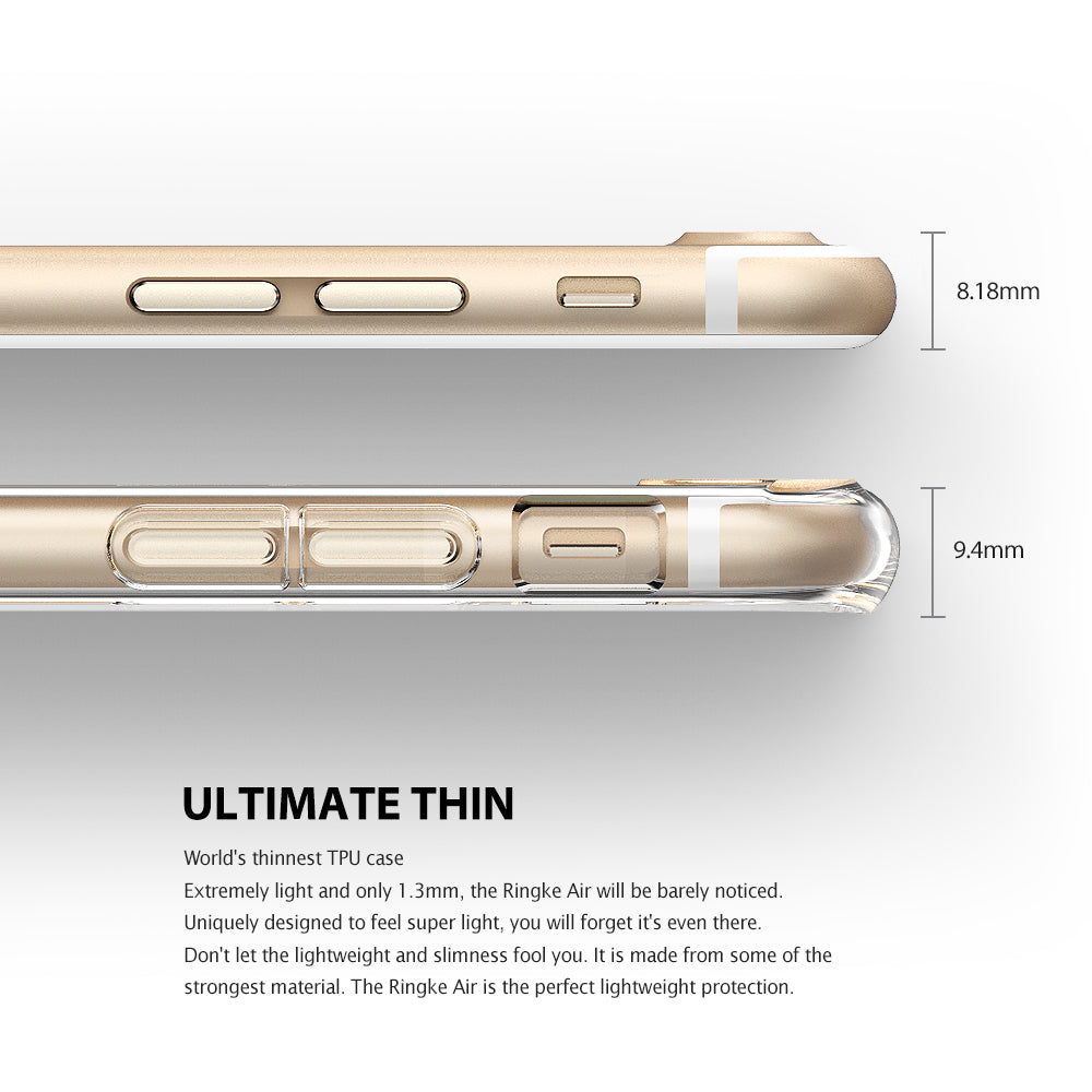 iPhone 8 / 7 Case | Air - Side-by-side comparison of a bare iPhone and one with a 1.3mm thin clear TPU case, showing dimensions.