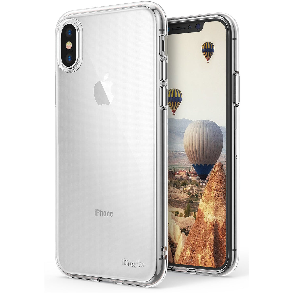 iPhone X Case | Air - Clear protective phone case showing the back and front of an iPhone X with a hot air balloon wallpaper.