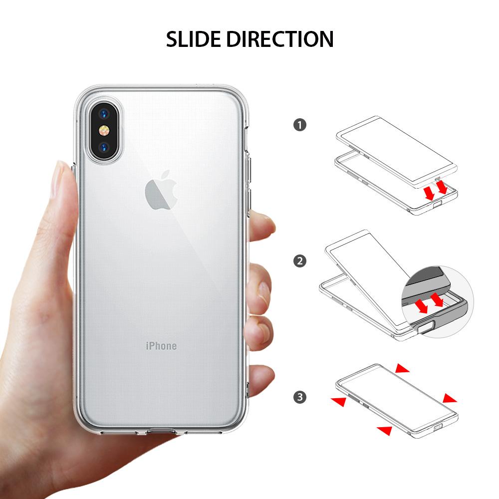 iPhone X Case | Air - Hand holding a clear iPhone X case with a three-step diagram showing how to slide the phone into it.