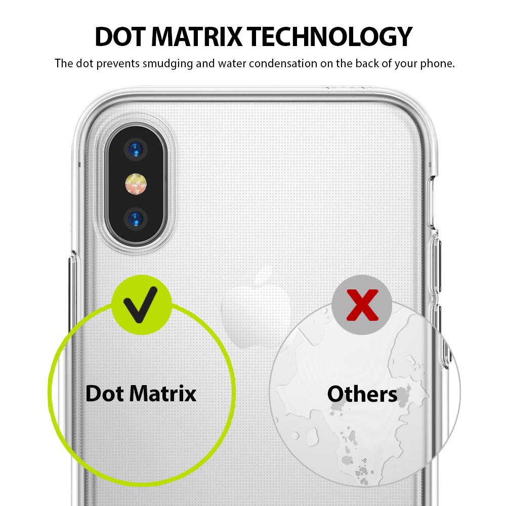iPhone X Case | Air - Comparison showing dot matrix pattern preventing smudges on a clear phone case versus standard cases.