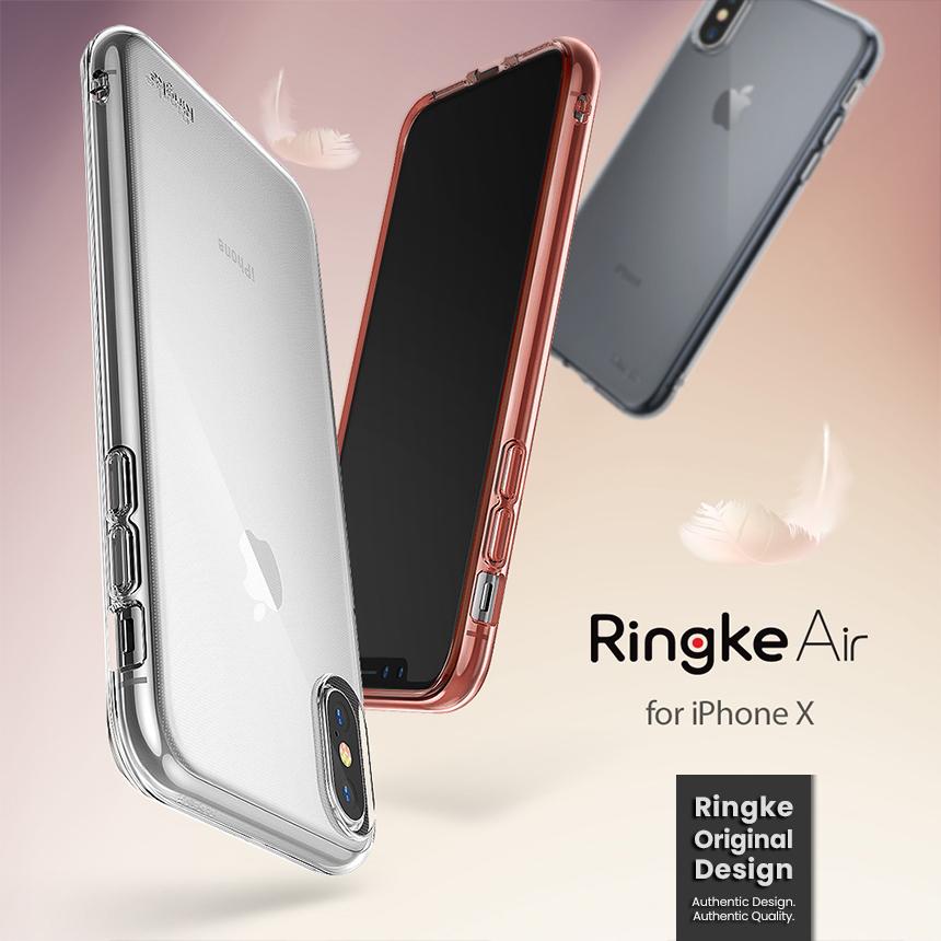 iPhone X Case | Air - Clear and rose gold Ringke Air cases displayed with an iPhone X against a soft, feather-accented background.