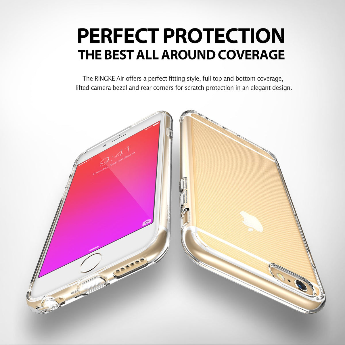 iPhone 6s / 6 Case | Air - Clear protective case on a gold iPhone 6s showing front and back views with text overlay.