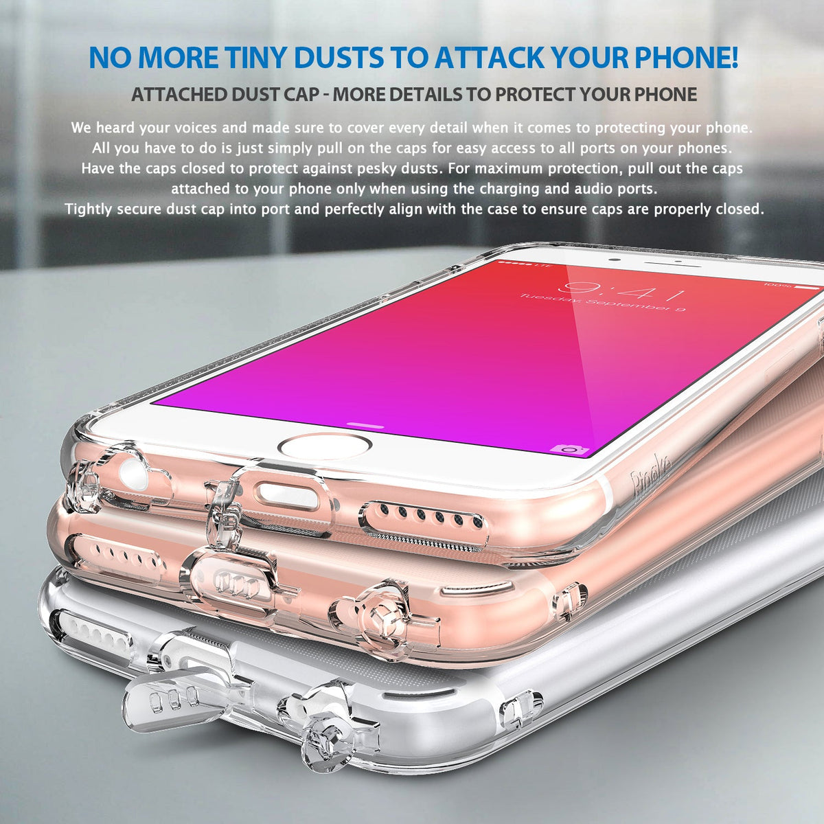 iPhone 6s / 6 Case | Air - Two iPhones in clear cases with integrated dust caps covering the charging and headphone ports.