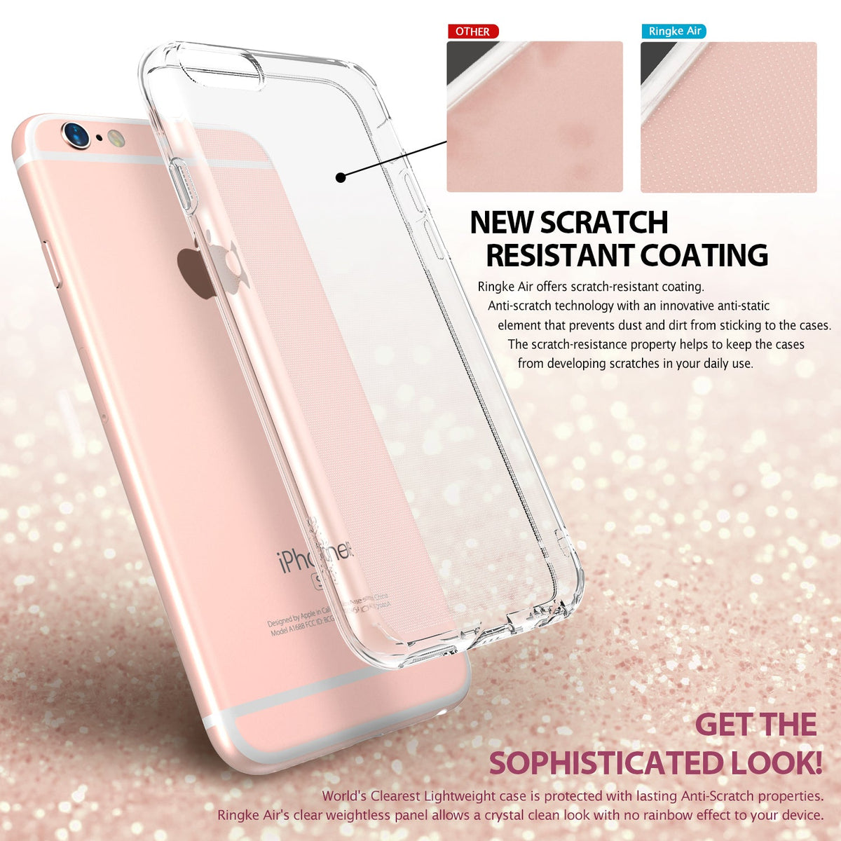 iPhone 6s / 6 Case | Air - Clear protective phone case showing scratch-resistant coating comparison against a rose gold iPhone.