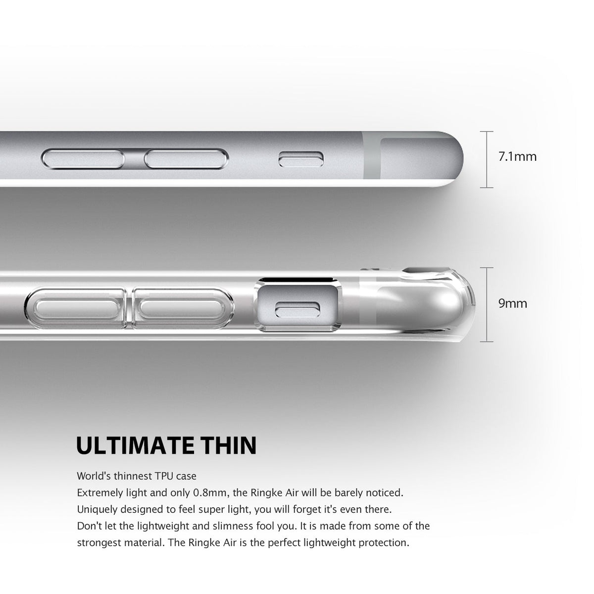 iPhone 6s / 6 Case | Air - Side-by-side comparison of a bare iPhone and one in a thin clear case with thickness measurements.