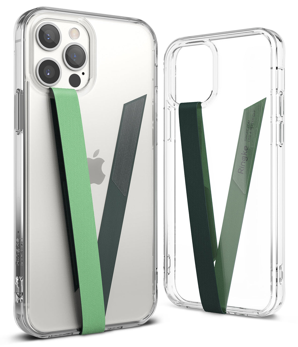 Ringke Strap Band - Two clear phone cases featuring V-shaped green and dark green fabric finger straps attached to the back.