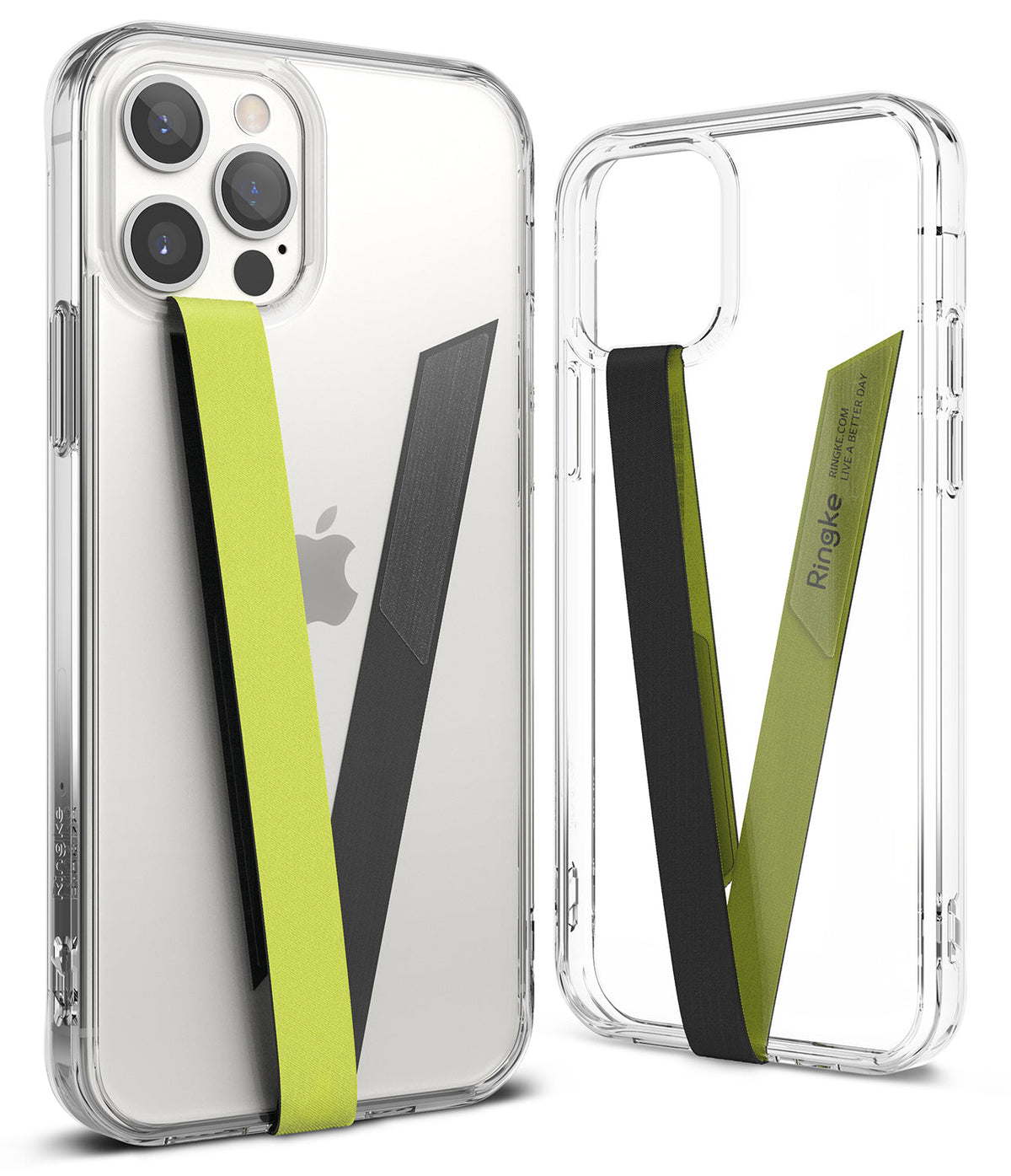Ringke Strap Band - Two clear phone cases featuring a dual-tone black and lime green fabric hand strap attached to the back.
