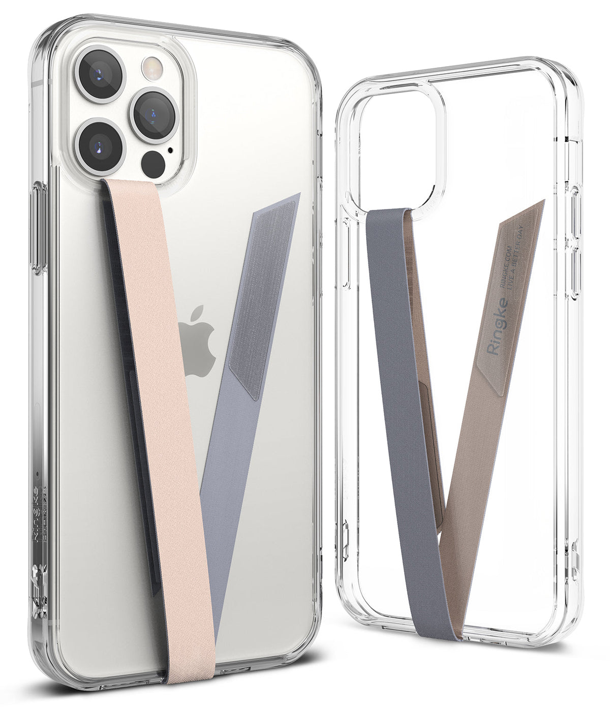 Ringke Strap Band - Two clear phone cases featuring V-shaped, dual-colored fabric hand straps attached to the back.