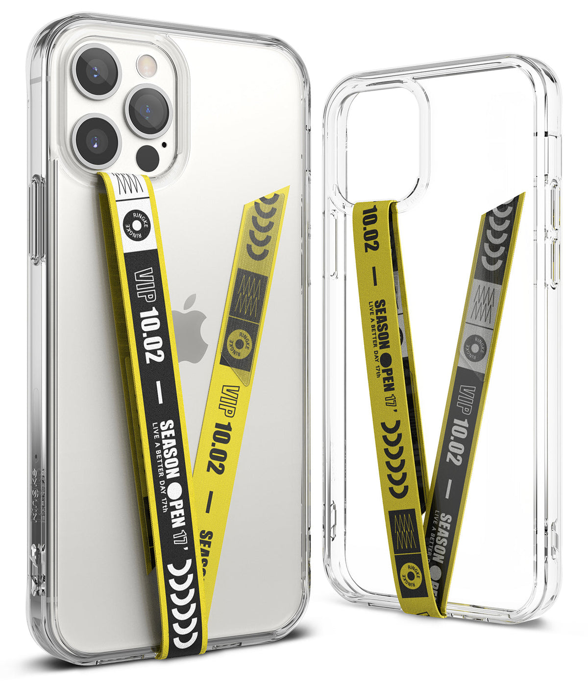 Ringke Strap Band - Two clear phone cases featuring a yellow and black VIP-themed fabric wrist strap attached to the back.