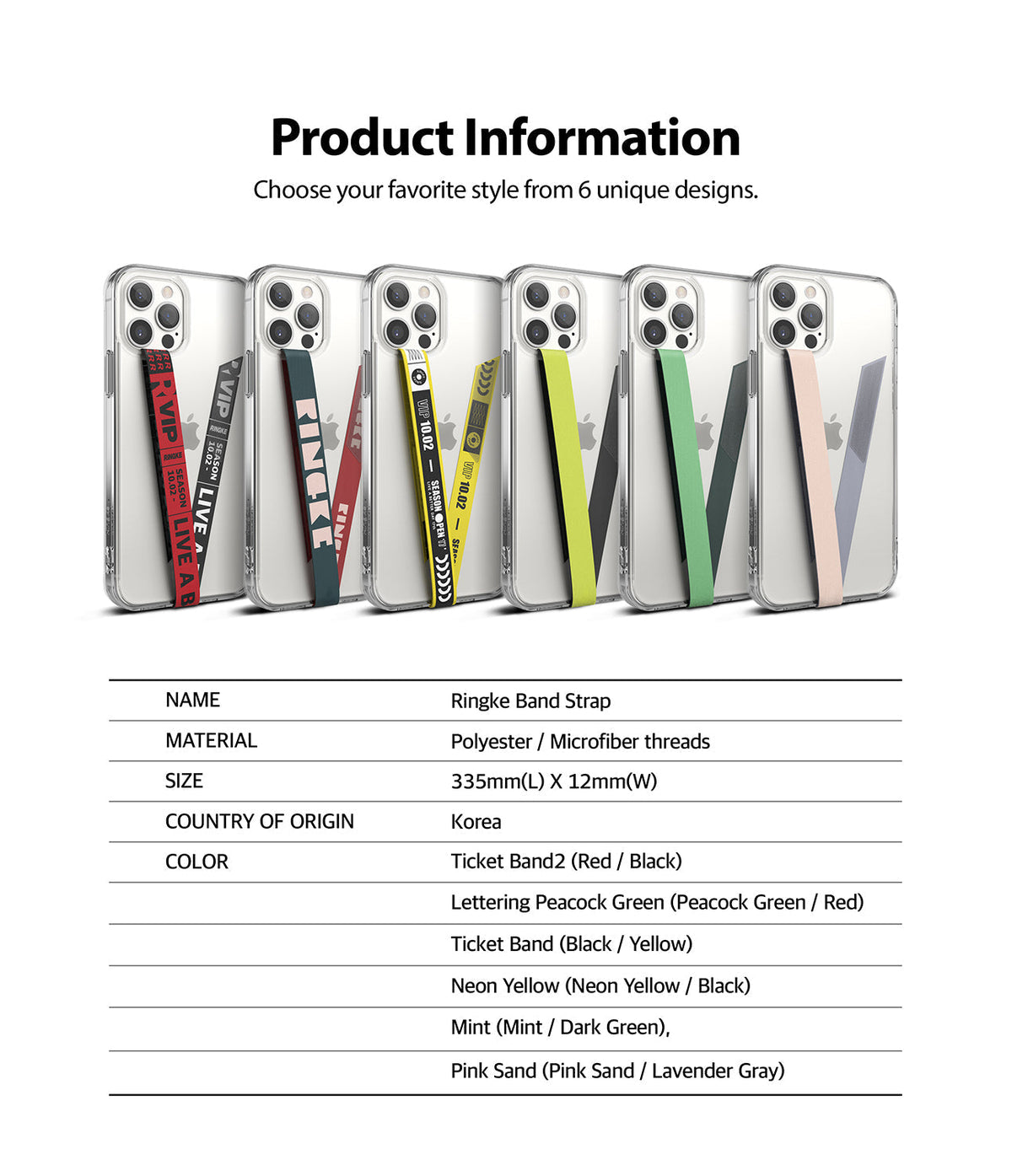 Ringke Strap Band - Six clear phone cases with colorful, patterned fabric hand straps in various designs and colors.