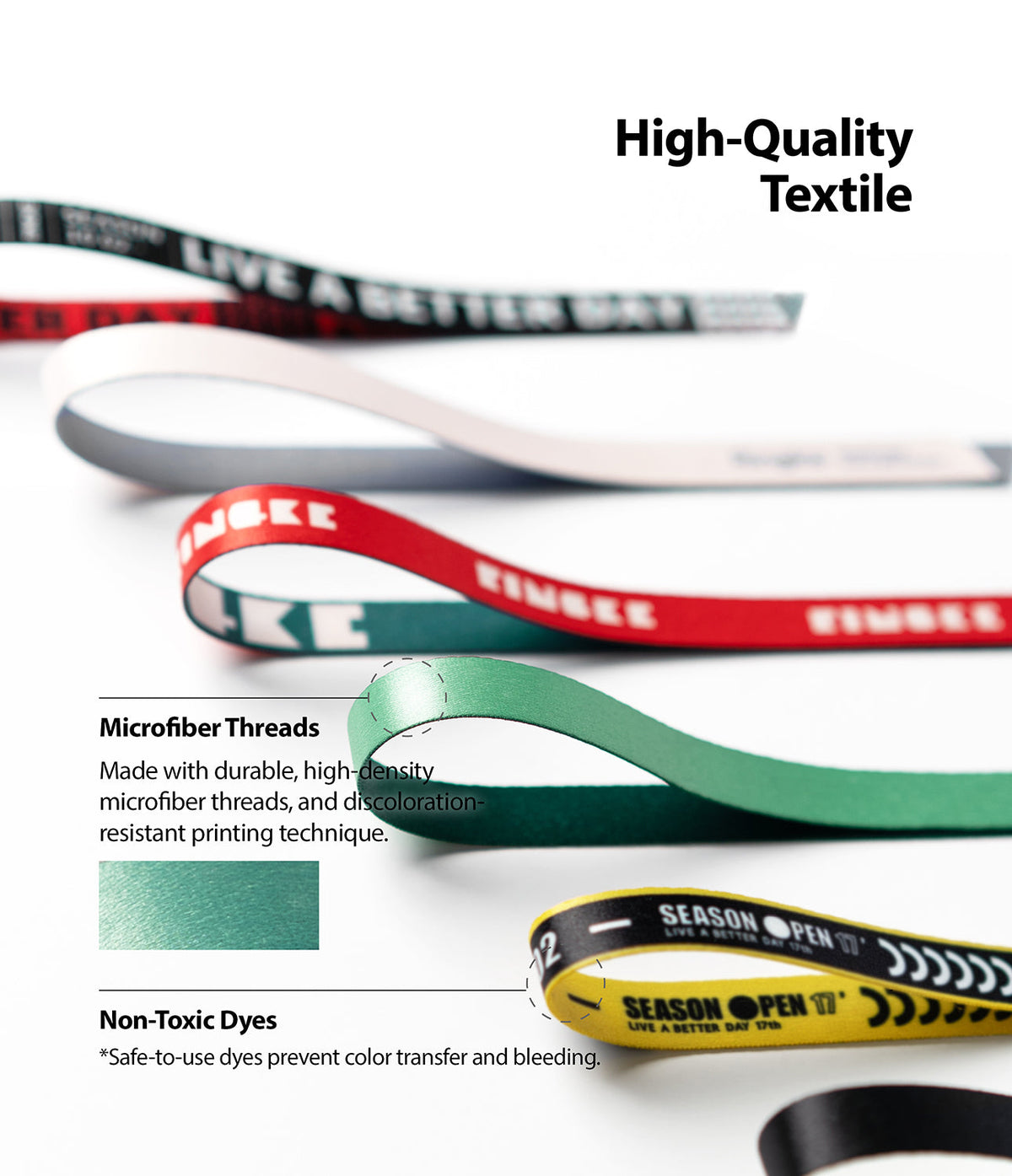 Ringke Strap Band - Colorful textile straps with microfiber texture and non-toxic dye details highlighted in a product layout.