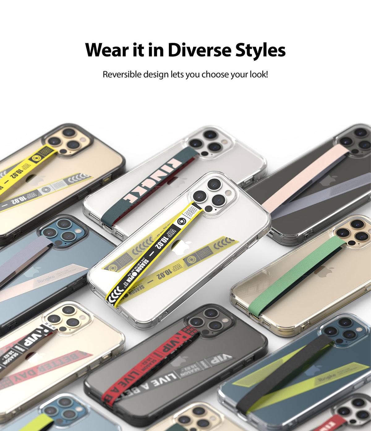 Ringke Strap Band - Multiple smartphones with clear cases featuring various colorful, reversible fabric hand straps.