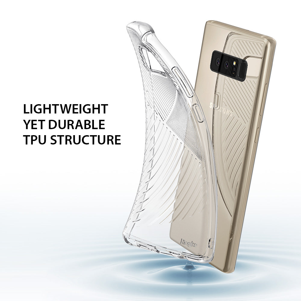 Galaxy Note 8 Case | Bevel - Clear, flexible TPU phone case with geometric pattern shown next to a gold Galaxy Note 8.