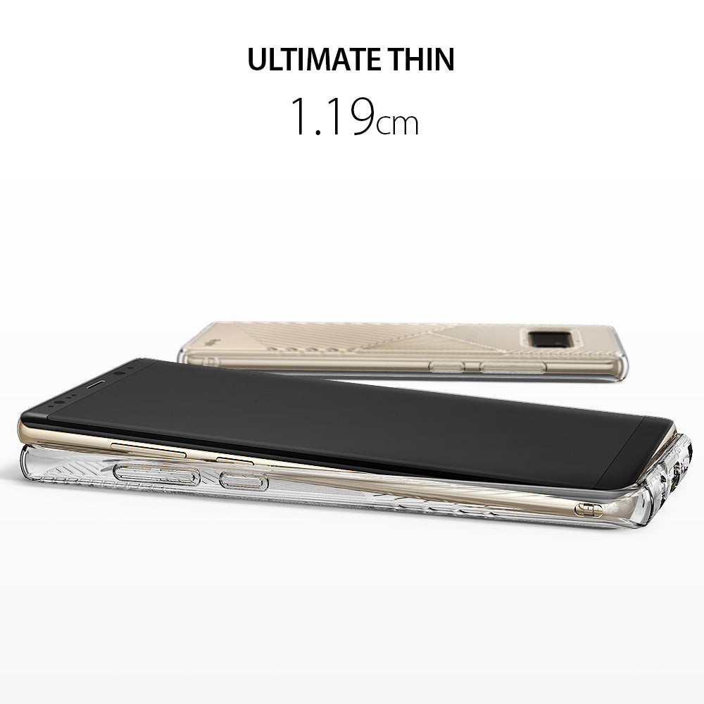Galaxy Note 8 Case | Bevel - A gold Galaxy Note 8 in a clear, thin protective case, shown from side and back angles.