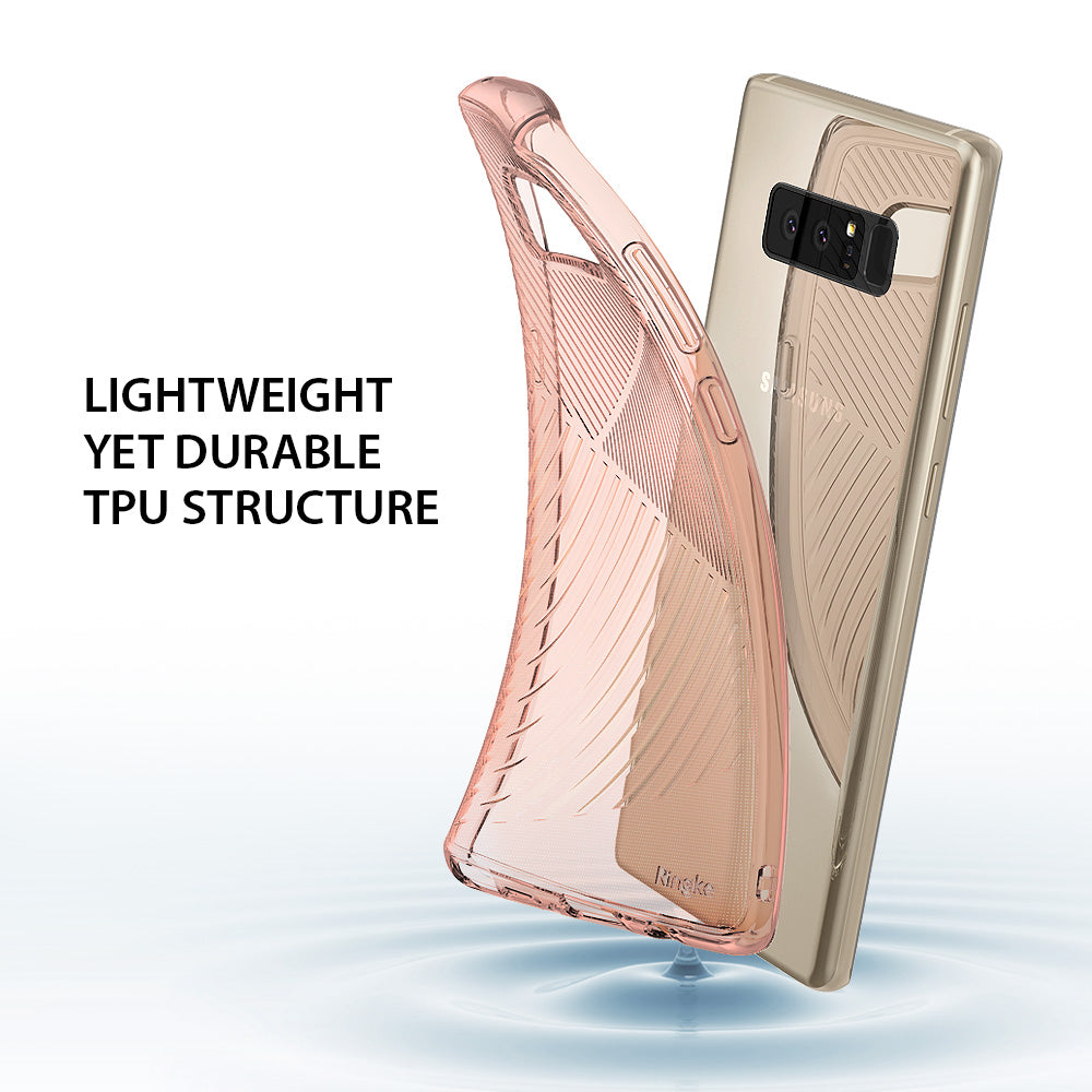 Galaxy Note 8 Case | Bevel - Rose gold translucent TPU phone case with geometric pattern being placed on a gold smartphone.