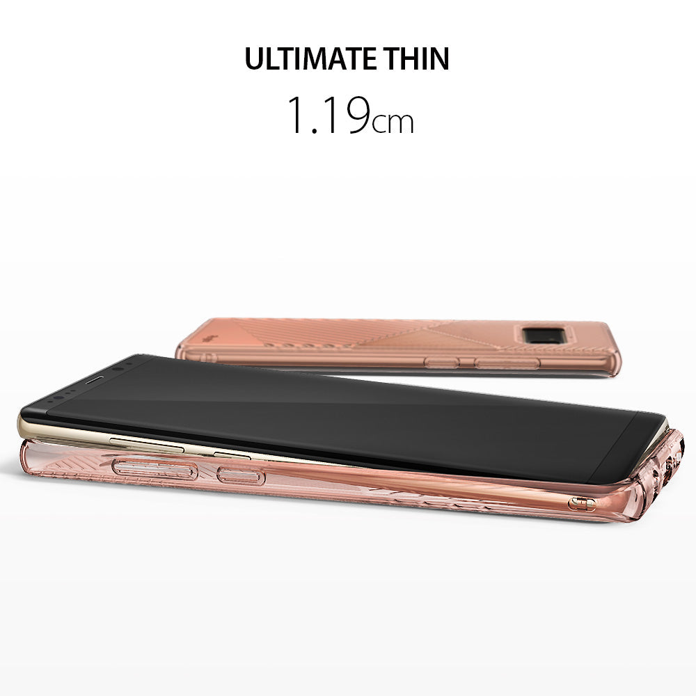 Galaxy Note 8 Case | Bevel - Rose gold phone case on a Galaxy Note 8 with text stating Ultimate Thin 1.19cm.