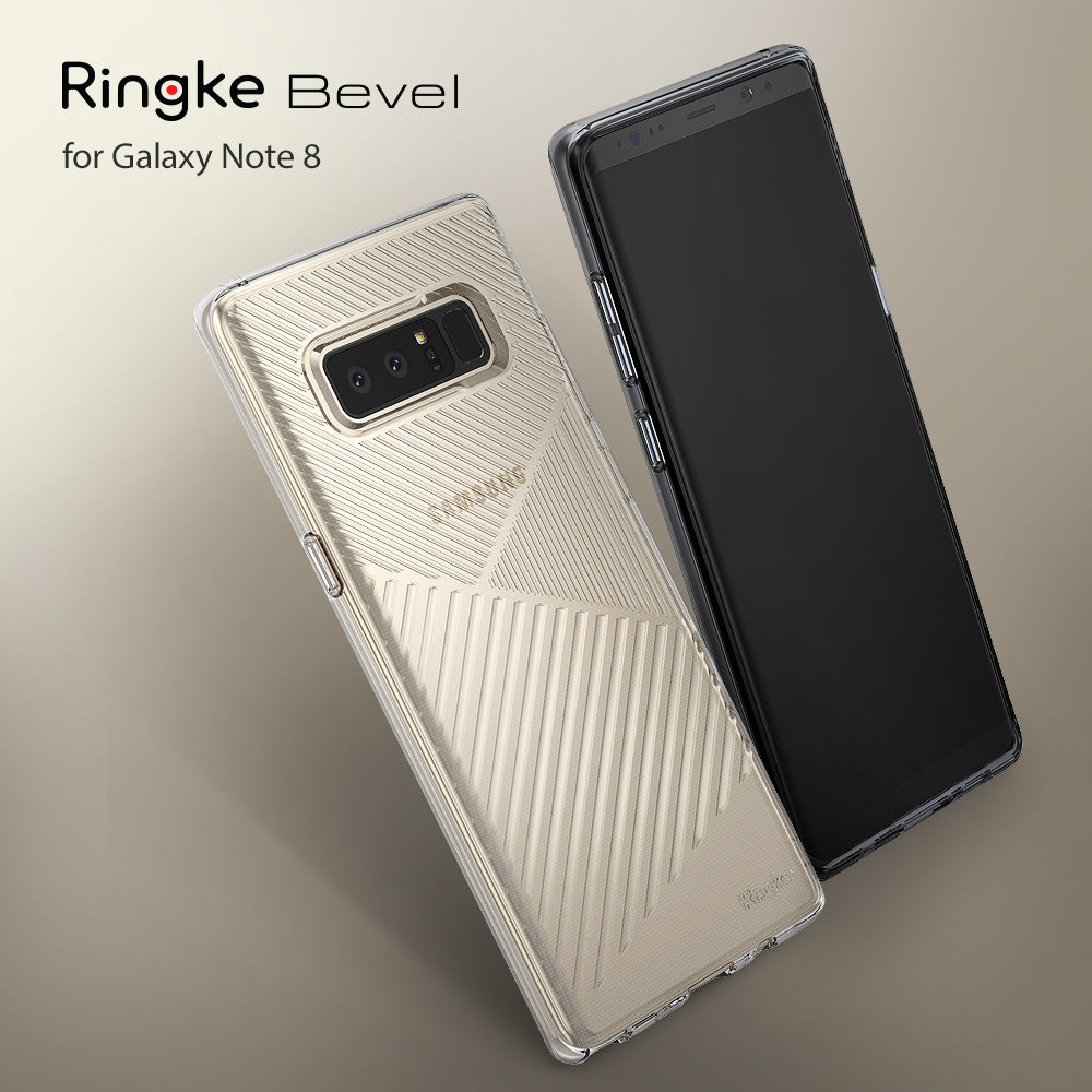 Galaxy Note 8 Case | Bevel - Rose gold phone case with geometric diagonal lines on a Galaxy Note 8 against a tan background.