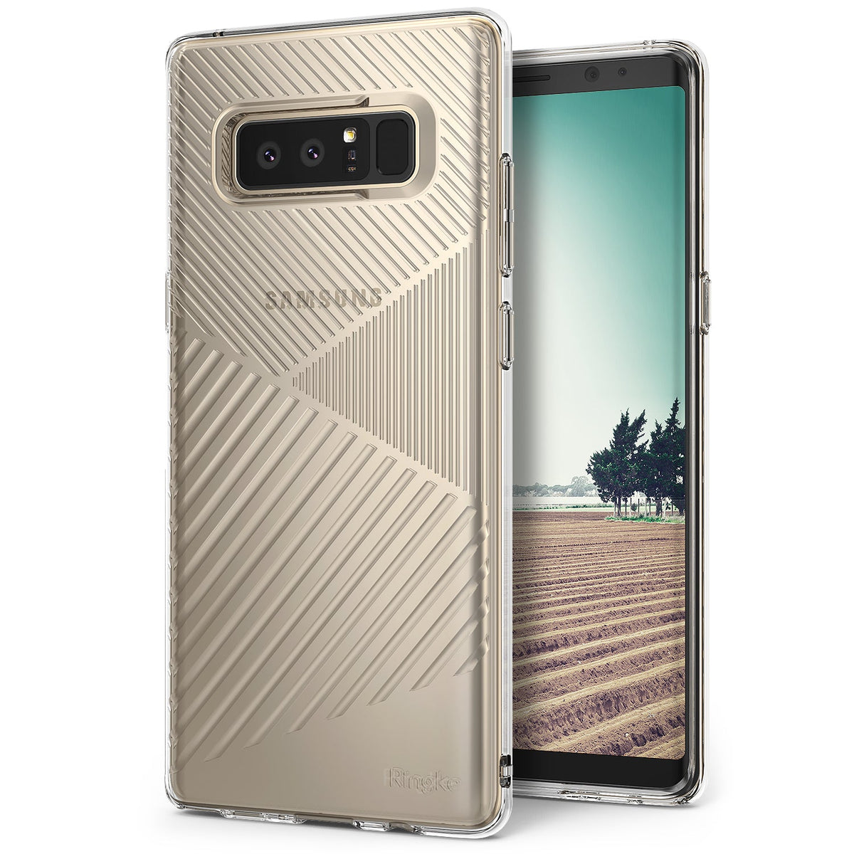 Galaxy Note 8 Case | Bevel - Clear phone case with geometric diagonal lines on the back, showcasing a Samsung Galaxy Note 8.