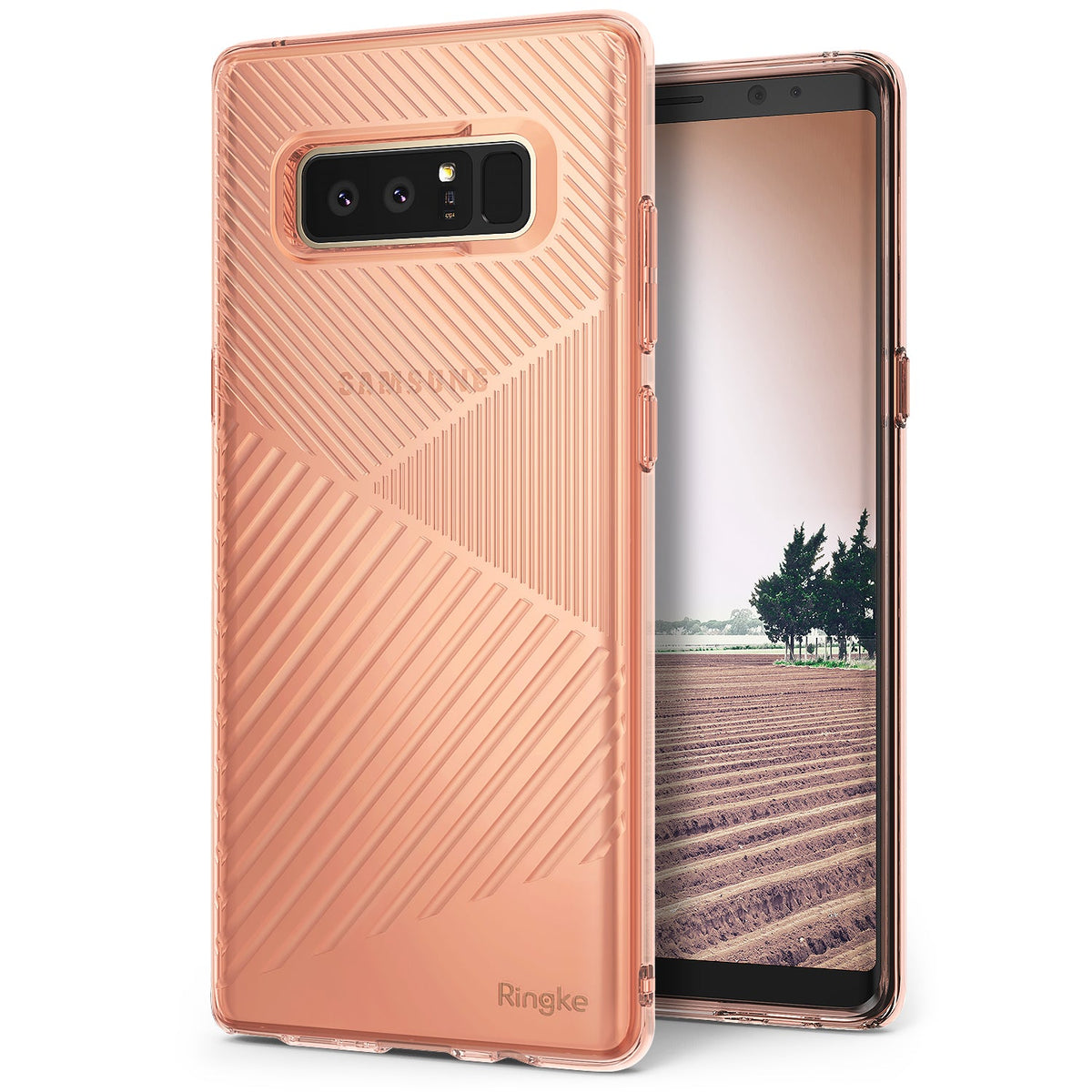 Galaxy Note 8 Case | Bevel - Rose gold phone case with geometric diagonal lines and a clear view of the screen.