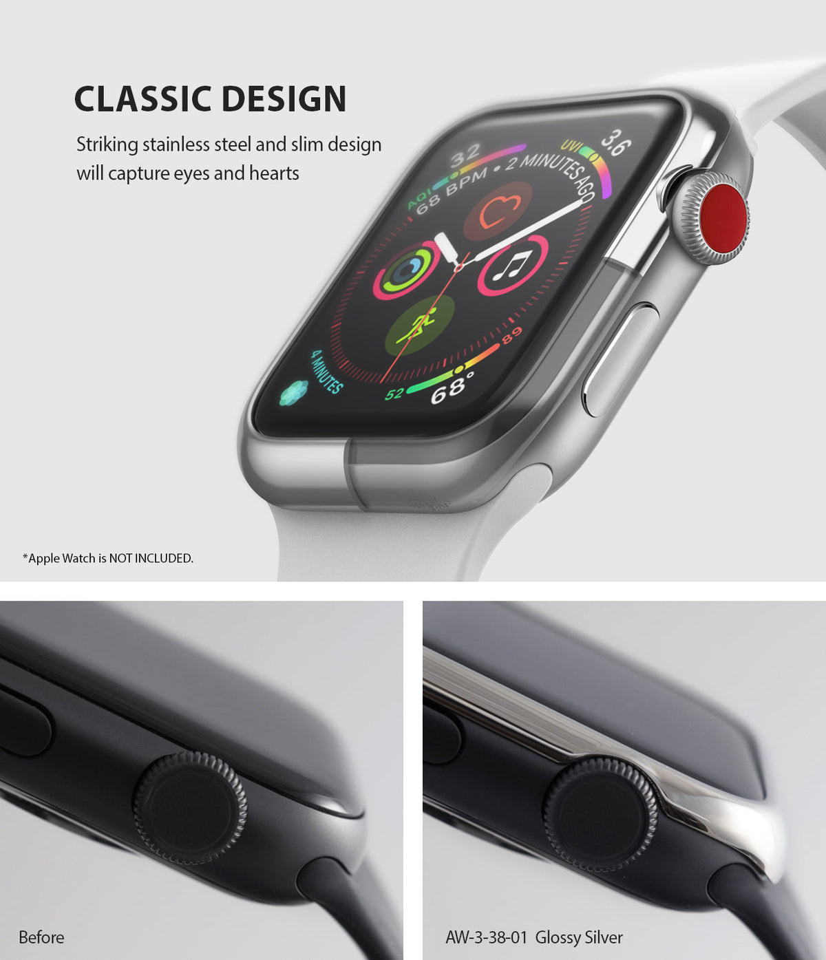 Apple Watch Series 3 / 2 / 1 (38mm) | Bezel Styling - Glossy silver stainless steel bezel cover on Apple Watch.